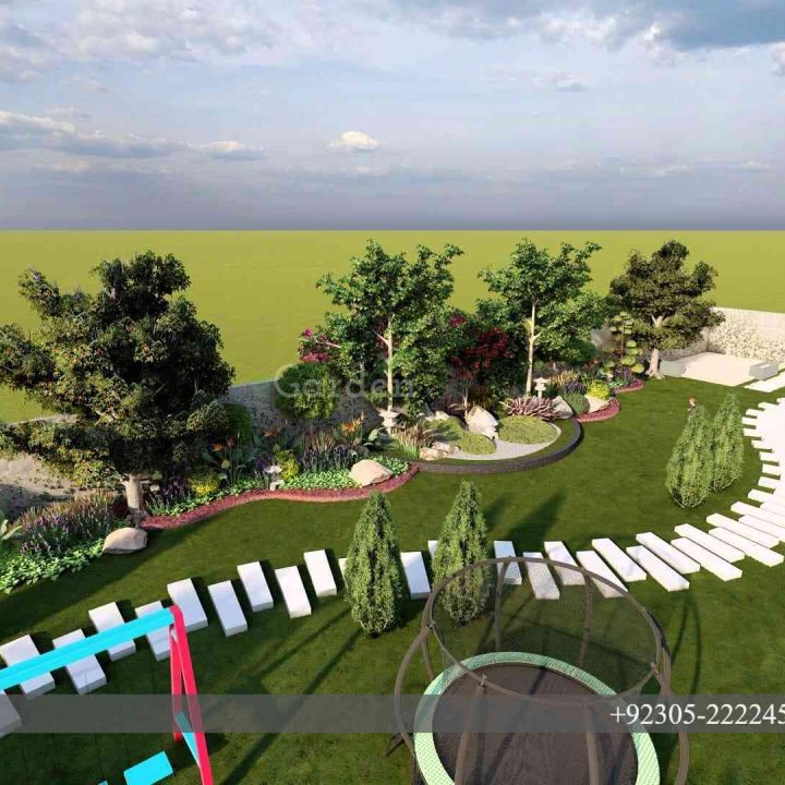 Waterfall gazebo and patio in farmhouse garden Pakistan