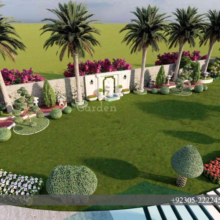 Play area and palm trees in Sial House lawn design