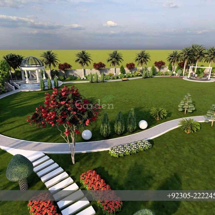 Hardscape and softscape in luxury farmhouse lawn